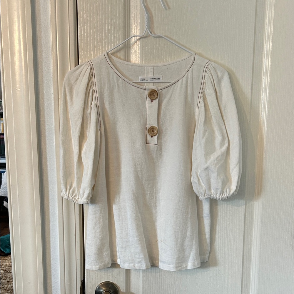 Zara girls Cream Puff Sleeve Top with Button Detail